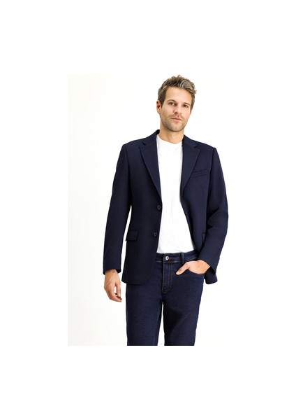 Slim Fit Dar Kesim Klasik Ceket Erkek %100 Polyester Uzun Kol Cepsiz Koyu Lacivert