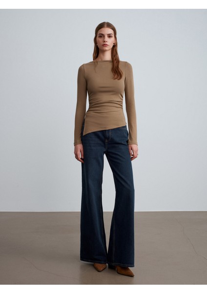 32198 Kayık Yaka Büzgülü Top-Vizon indirimleri