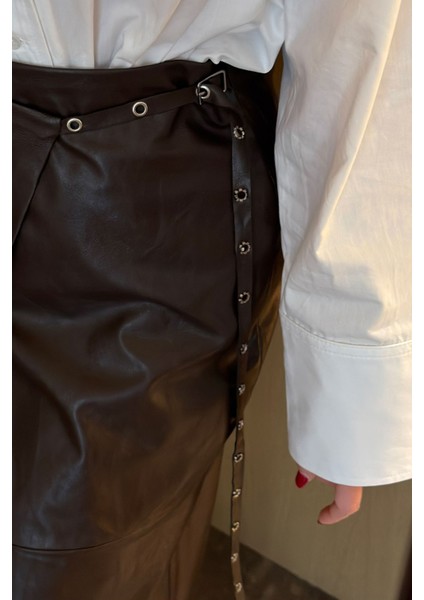 Tasarım Asimetrik Deri Etek- Kahverengi indirimleri