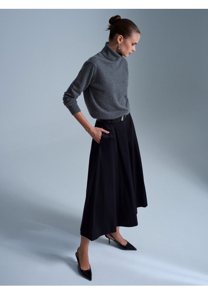 81070 %100 Pamuk Beli Lastikli Midi Etek-Siyah