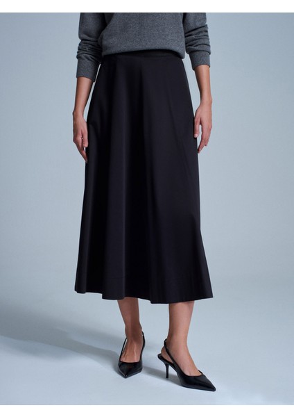 81070 %100 Pamuk Beli Lastikli Midi Etek-Siyah fırsatları