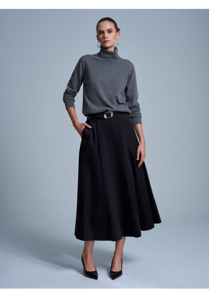 81070 %100 Pamuk Beli Lastikli Midi Etek-Siyah indirimleri