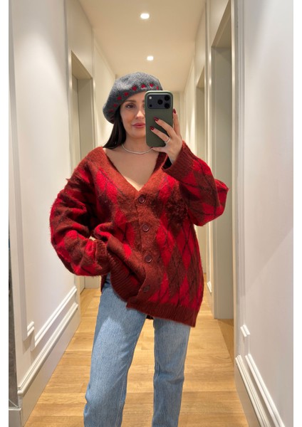 Yeni Sezon Baklava Desen Angora Hırka- Kırmızı