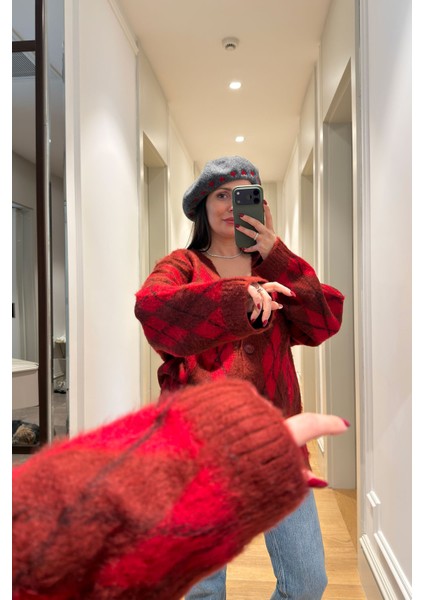 Yeni Sezon Baklava Desen Angora Hırka- Kırmızı fiyatları