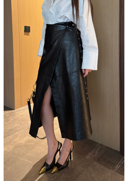 Tasarım Asimetrik Deri Etek- Siyah