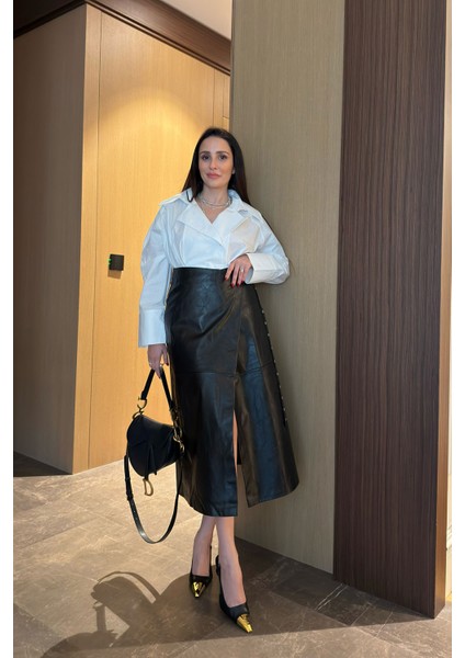 Tasarım Asimetrik Deri Etek- Siyah fiyatları