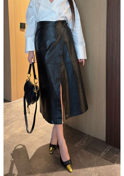 Tasarım Asimetrik Deri Etek- Siyah modelleri