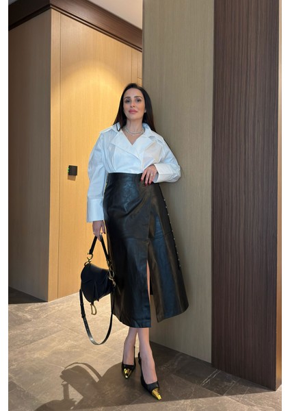 Tasarım Asimetrik Deri Etek- Siyah indirimleri