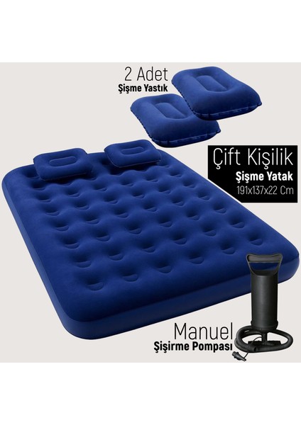 Çift Kişilik Şişme Yatak Pompa ve 2 Yastık Dahil Set 191 cm x 137 cm x 22 cm