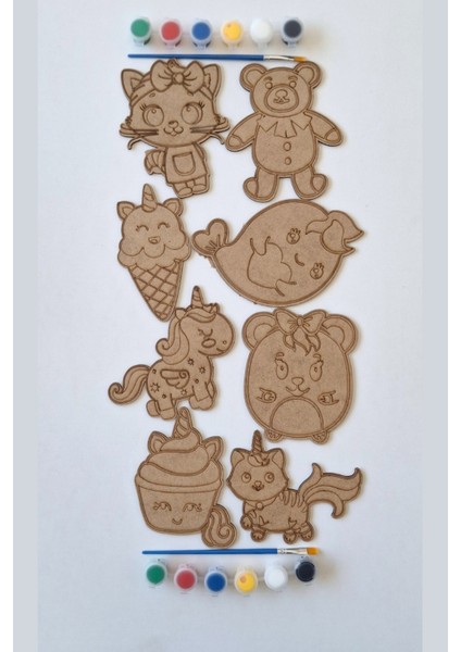 Çocuklar Için 8 Parça Ahşap Boyama ve Aktivite Seti, Fırça ve Akrilik Boya Hediyesi