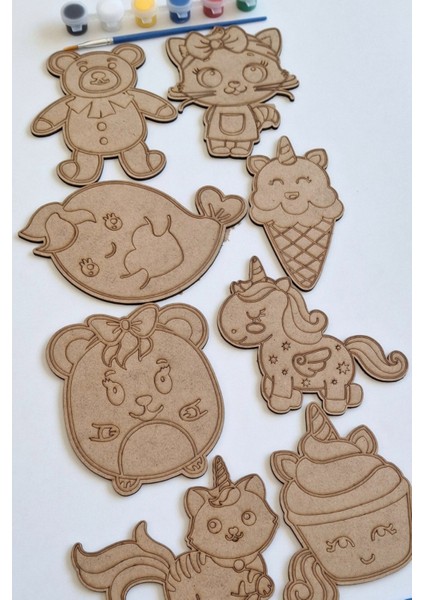 Çocuklar Için 8 Parça Ahşap Boyama ve Aktivite Seti, Fırça ve Akrilik Boya Hediyesi fiyatları