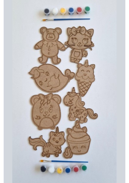 Çocuklar Için 8 Parça Ahşap Boyama ve Aktivite Seti, Fırça ve Akrilik Boya Hediyesi modelleri