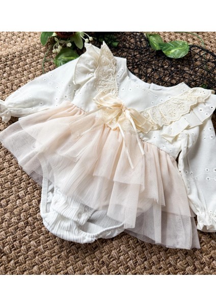 Elise Krem Yumuşak Tütü Romper Uzun Kollu Kız Bebek Elbise