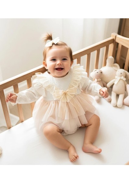 Elise Krem Yumuşak Tütü Romper Uzun Kollu Kız Bebek Elbise fiyatları