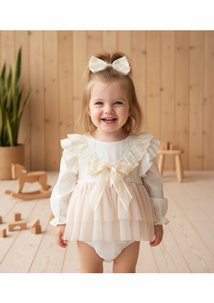 Elise Krem Yumuşak Tütü Romper Uzun Kollu Kız Bebek Elbise modelleri