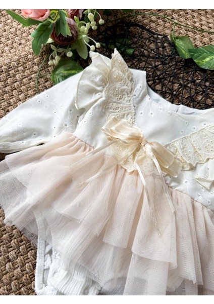 Elise Krem Yumuşak Tütü Romper Uzun Kollu Kız Bebek Elbise
