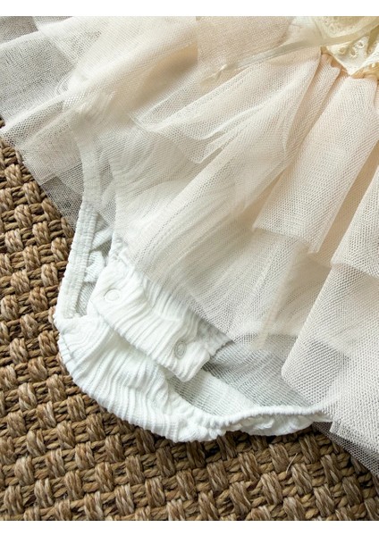 Elise Krem Yumuşak Tütü Romper Uzun Kollu Kız Bebek Elbise