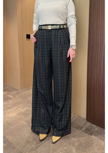 Ekose Desen Tasarım Palazzo Pantolon- Antrasit