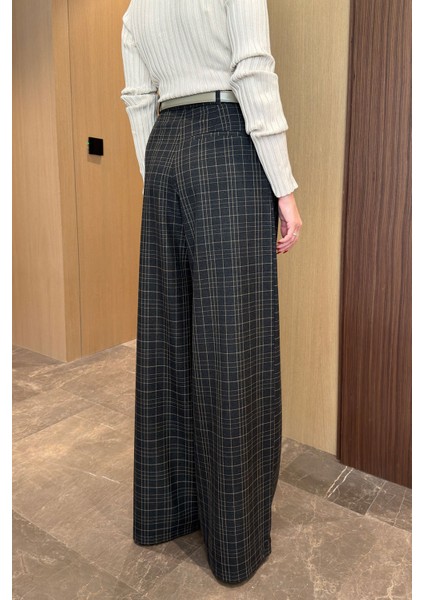 Ekose Desen Tasarım Palazzo Pantolon- Antrasit fiyatları