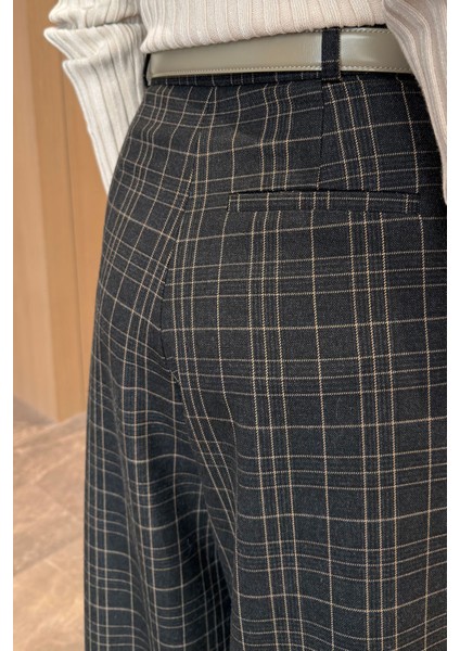 Ekose Desen Tasarım Palazzo Pantolon- Antrasit modelleri