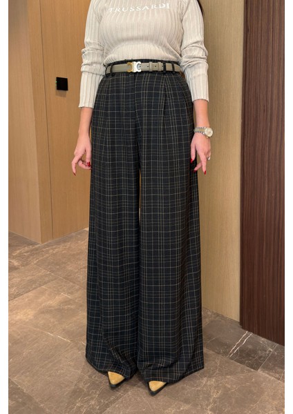 Ekose Desen Tasarım Palazzo Pantolon- Antrasit indirimleri