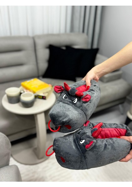 Gri Kızgın Boğa Sessiz Taban Erkek Panduf Peluş Yazlık Kışlık Ev Ayakkabısı