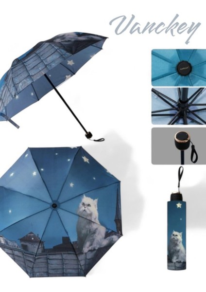 Çatı Kedi Desenli Gece Ay Yıldız 8 Telli Rüzgarlı Şemsiye, Çok Renkli