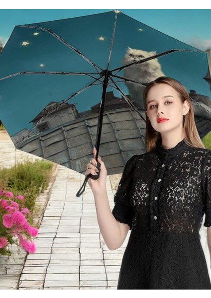 Çatı Kedi Desenli Gece Ay Yıldız 8 Telli Rüzgarlı Şemsiye, Çok Renkli fiyatları