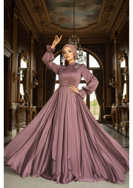 Balon Kol Kahverengi Tesettür Abiye Elbise 21910KH fırsatları