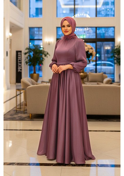 Yakası Tüy Detaylı Koyu Gül Kurusu Tesettür Abiye Elbise 21330KGK indirimleri
