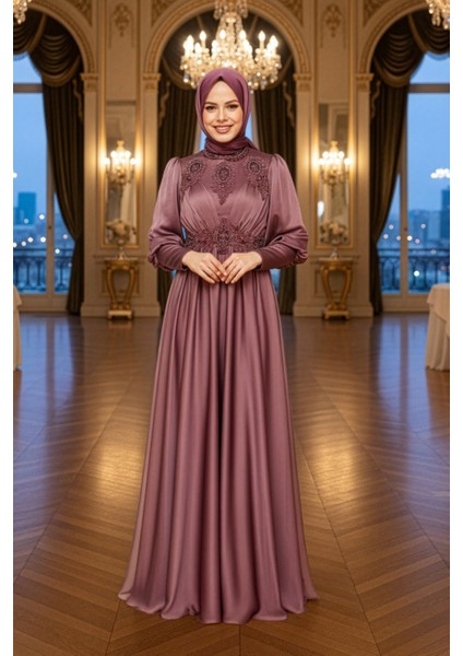 Boncuk İşlemeli Koyu Gül Kurusu Tesettür Abiye Elbise 22101KGK indirimleri