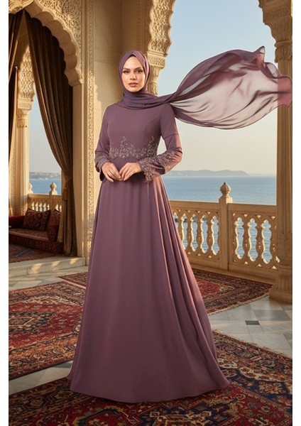 Boncuk İşlemeli Gül Kurusu Tesettür Abiye Elbise 9181GK fırsatları