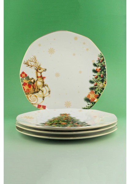 New Christmas 4 Parça Altın Yaldızlı Porselen Servis Tabağı