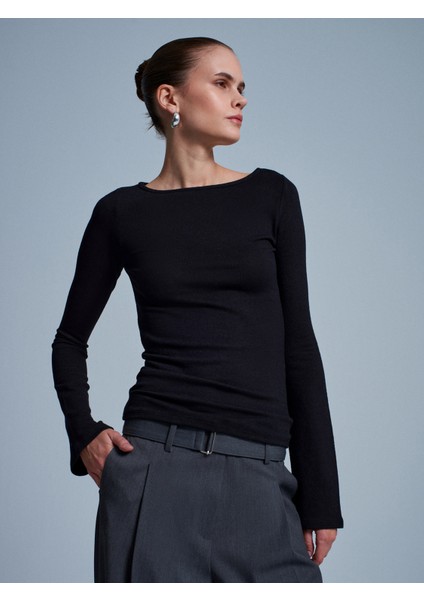 32322 Kayık Yaka Uzun Kollu Top-Siyah modelleri