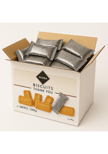 Rioba Karamelize Bisküvi, 200 Adet, 6g, "thank You" Baskılı Tek Tek Paketli