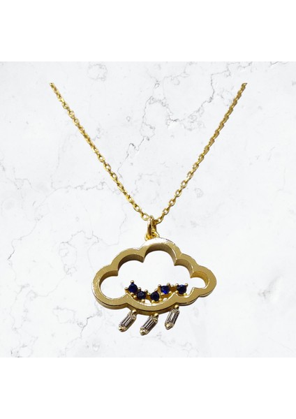 Bulut Figürlü Mavi Zirkon ve Baget Taşlı 14 Ayar Altın Kolye