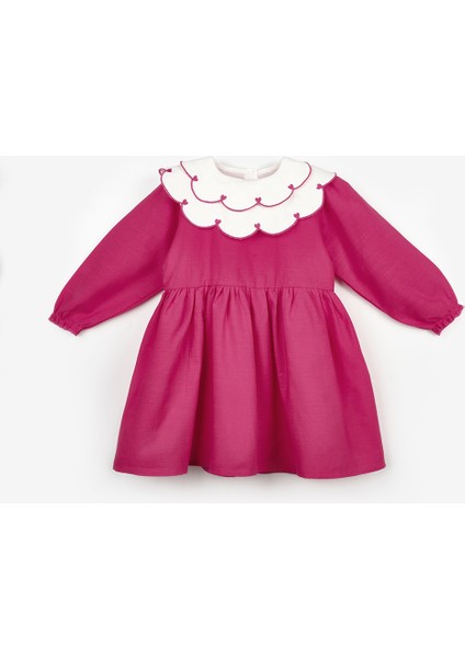 Fuşya Kalp Desenli Yakalı Kız Çocuk Keten Elbise - Vivienne