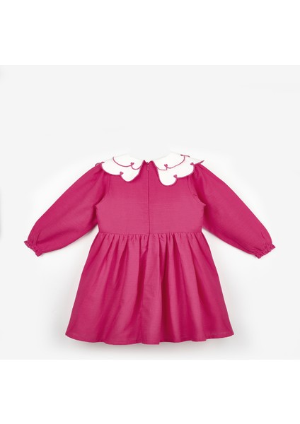 Fuşya Kalp Desenli Yakalı Kız Çocuk Keten Elbise - Vivienne fiyatları