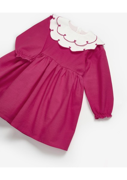 Fuşya Kalp Desenli Yakalı Kız Çocuk Keten Elbise - Vivienne modelleri