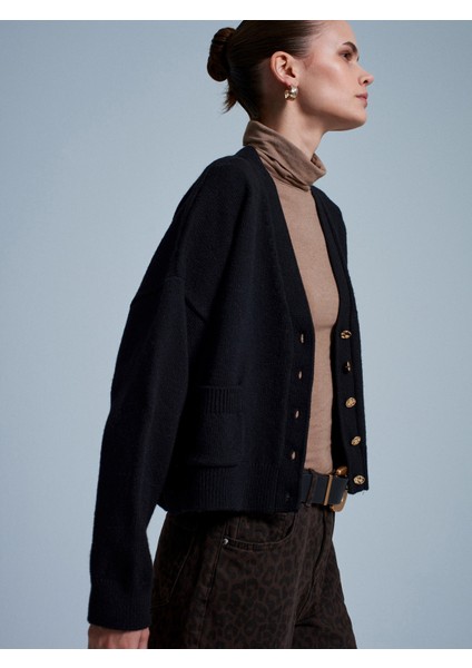 60999 Yün Karışımlı Cep Detaylı Triko Hırka-Siyah