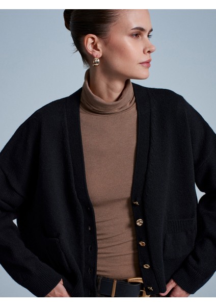 60999 Yün Karışımlı Cep Detaylı Triko Hırka-Siyah fiyatları