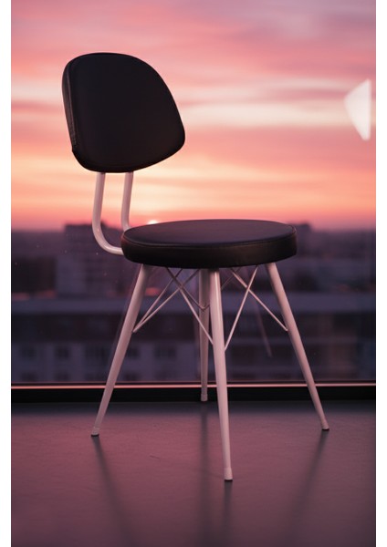 Kav Mutfak Sandalyesi, Yemek, Bahçe, Kafe, Modern Sandalye - Siyah Deri, Beyaz Gövde