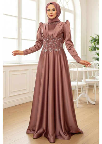 Boncuk İşlemeli Bakır Saten Tesettür Abiye Elbise 22640BKR fırsatları