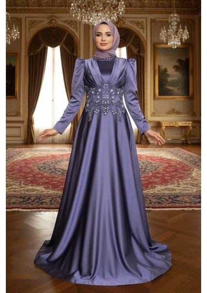 Boncuk İşlemeli Koyu Lila Saten Tesettür Abiye Elbise 22640KLILA modelleri