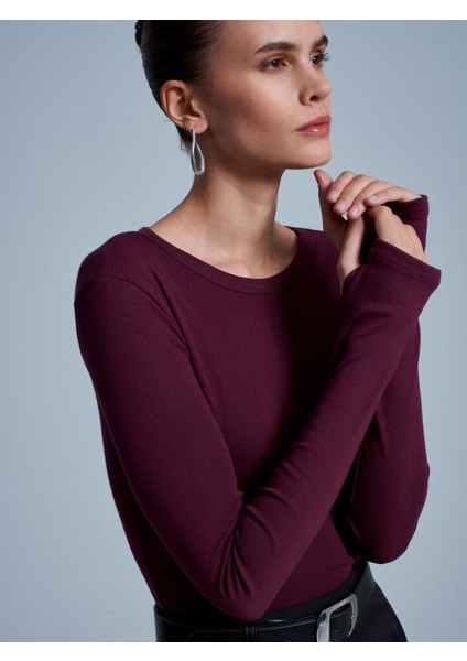 32319 Modal Karışımlı Uzun Kollu Top-Bordo