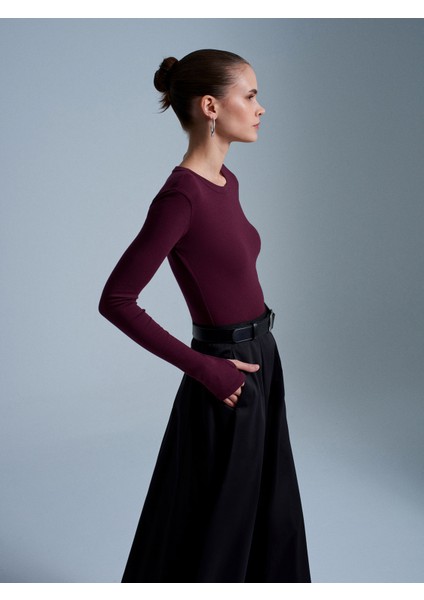 32319 Modal Karışımlı Uzun Kollu Top-Bordo fırsatları