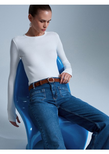 32319 Modal Karışımlı Uzun Kollu Top-Ekru