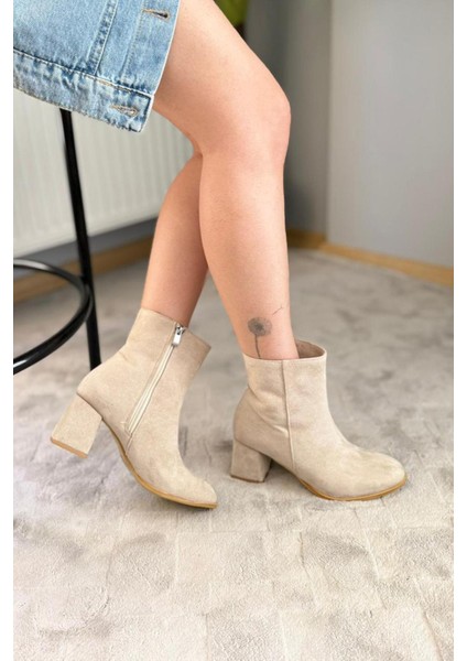 Kadın Marta Bej Süet 6 cm Kalın Topuklu Yumurta Burun Fermuarlı Bot modelleri