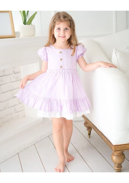 Alessi Mini Fırfır Detaylı Keten Kız Çocuk Elbise