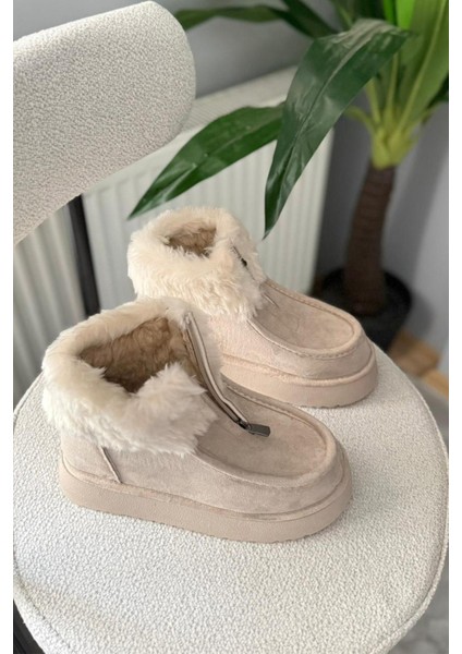 Kadın Impera Bej Süet Kürklü Fermuarlı 4 cm Kalın Tabanlı Kısa Bot